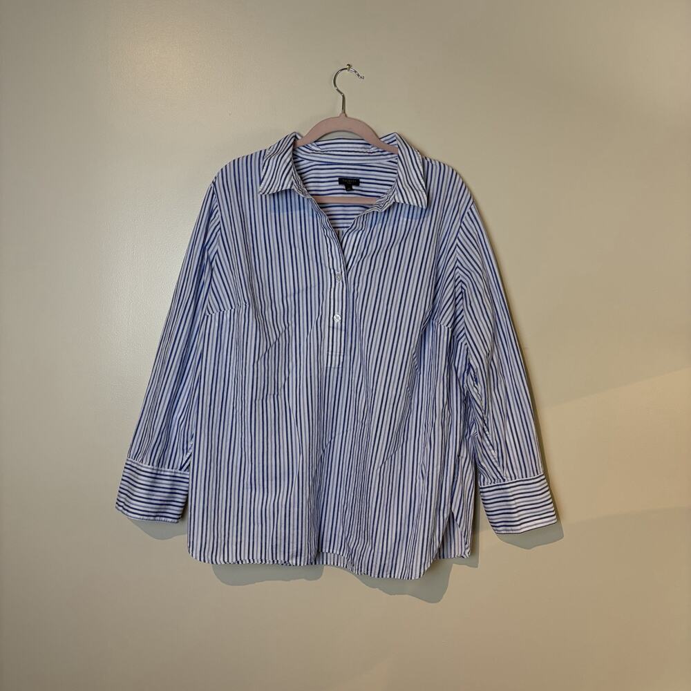 Talbots Woman 2X Blue & White Cotton Popover Cottage Roll Tab Coastal Workwear